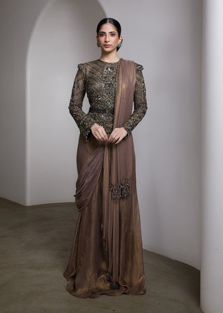 Nude metallic embellished draped sari and blouse