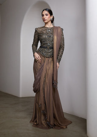Nude metallic embellished draped sari and blouse