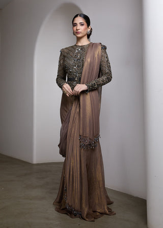 Nude metallic embellished draped sari and blouse