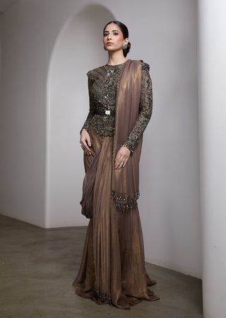 Nude metallic embellished draped sari and blouse
