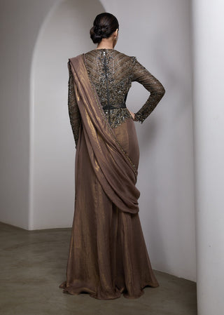 Nude metallic embellished draped sari and blouse