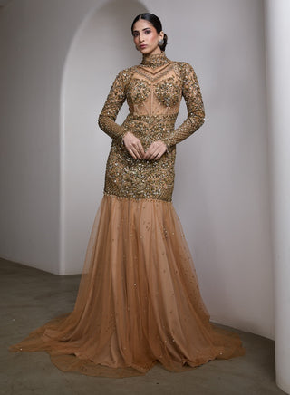 Nude gold high-neck embroidered gown
