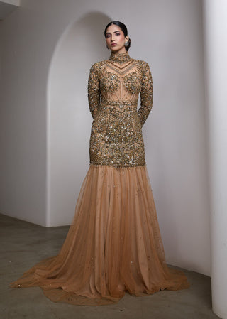 Nude gold high-neck embroidered gown