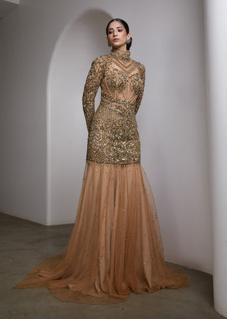 Nude gold high-neck embroidered gown