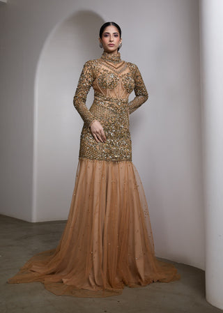 Nude gold high-neck embroidered gown