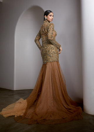 Nude gold high-neck embroidered gown
