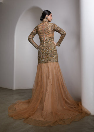 Nude gold high-neck embroidered gown