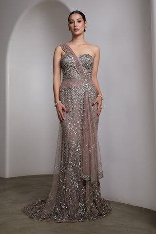 Pink draped embellished gown