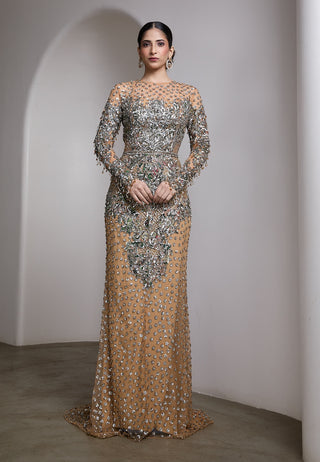 Nude embroidered sequin gown