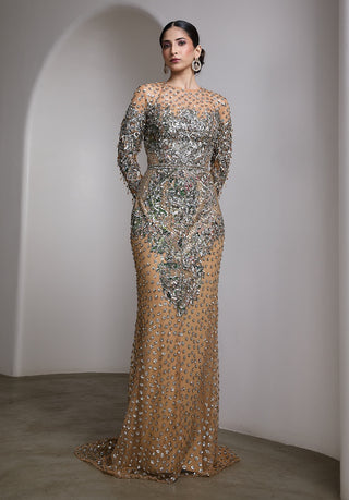 Nude embroidered sequin gown