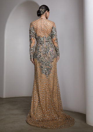 Nude embroidered sequin gown