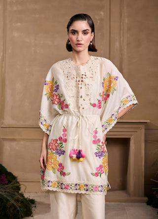 Ivory Floral Embroidered Yoke Detail Kaftan And Pant by Chandrima available on Indiaspopup