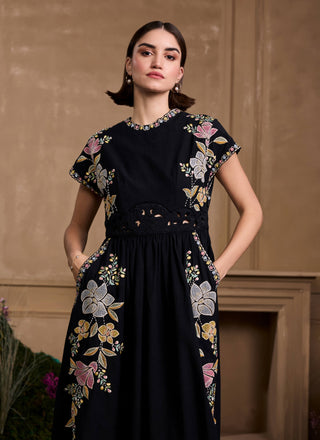 Black floral embroidered midi dress