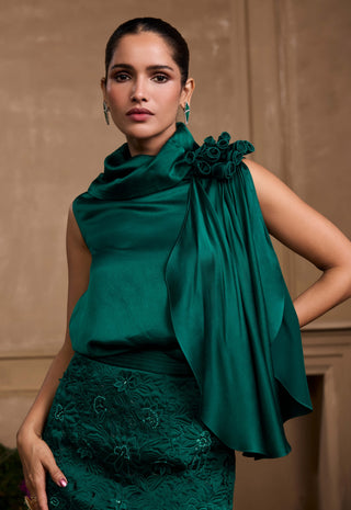 Emerald Green Rose Detail Drape Top And Skirt by Chandrima available on Indiaspopup