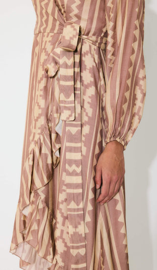 Peach and cream pattern wrap dress