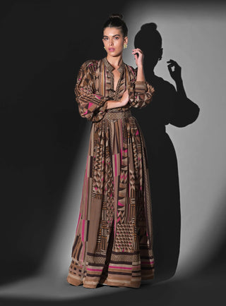 Geometric fuchsia placement print maxi dress and belt