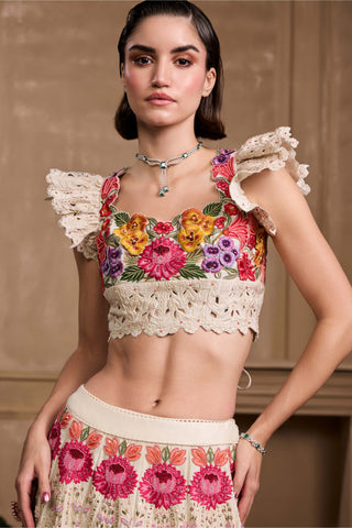 Ivory Multicoloured Floral Bustier And Lehenga by Chandrima available on Indiaspopup