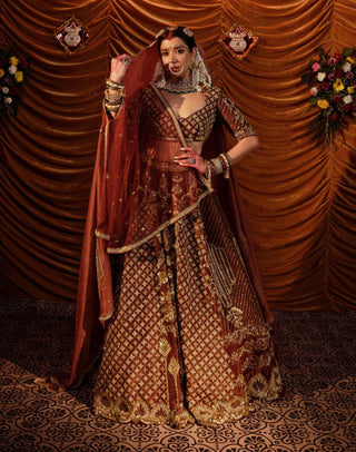 Taj Tawny Brown Lehenga Set by Payal And Zinal available on Indiaspopup.com