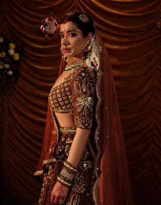 Taj Tawny Brown Lehenga Set by Payal And Zinal available on Indiaspopup.com