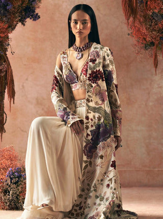 Ivory embroidered long jacket and palazzo set