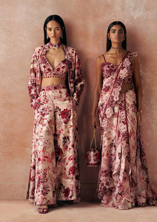 Pink Printed Long Jacket And Palazzo Set by Varun Bahl available on Indiaspopup.com