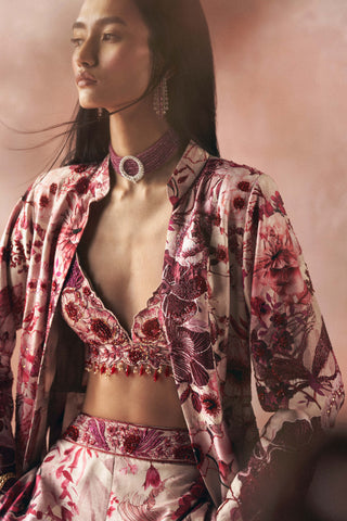 Pink Printed Long Jacket And Palazzo Set by Varun Bahl available on Indiaspopup.com