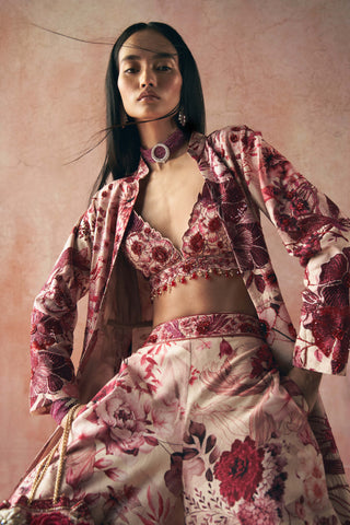 Pink Printed Long Jacket And Palazzo Set by Varun Bahl available on Indiaspopup.com