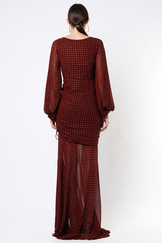 Deme By Gabriella-Maroon Long Dotted Gown-INDIASPOPUP.COM