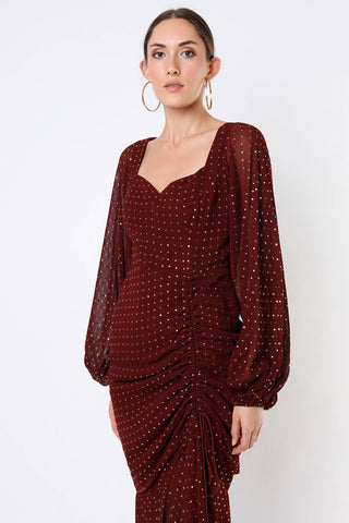 Deme By Gabriella-Maroon Long Dotted Gown-INDIASPOPUP.COM