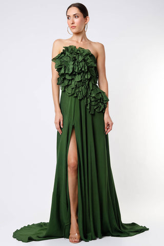 Deme By Gabriella-Forest Green Ruffle Gown-INDIASPOPUP.COM