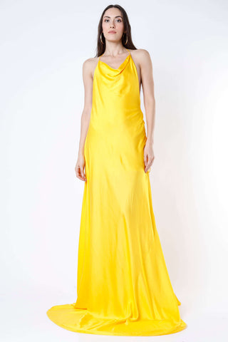 Deme By Gabriella-Yellow Cowl Long Gown-INDIASPOPUP.COM