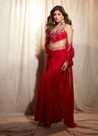 Surkh laal draped skirt and cape set