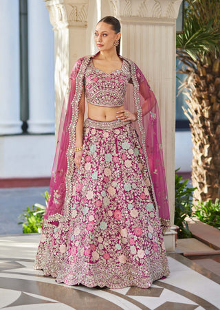 Osaa By Adarsh-Plum Organza Embroidered Lehenga Set-INDIASPOPUP.COM