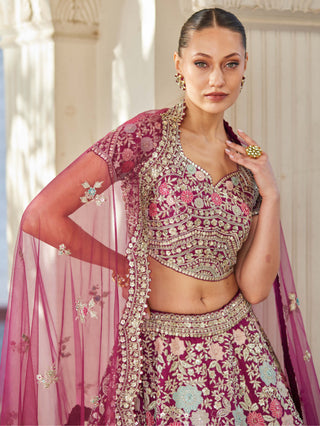 Osaa By Adarsh-Plum Organza Embroidered Lehenga Set-INDIASPOPUP.COM