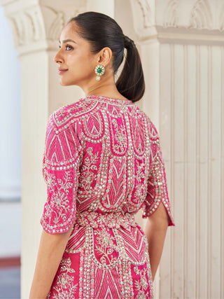 Osaa By Adarsh-Scarlet Embroidered Short Jacket And Skirt Set-INDIASPOPUP.COM
