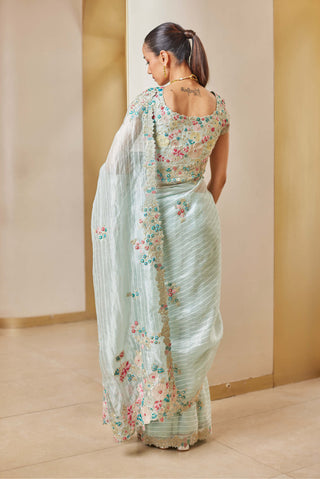 Osaa By Adarsh-Winter Mint Embroidered Sari And Blouse-INDIASPOPUP.COM