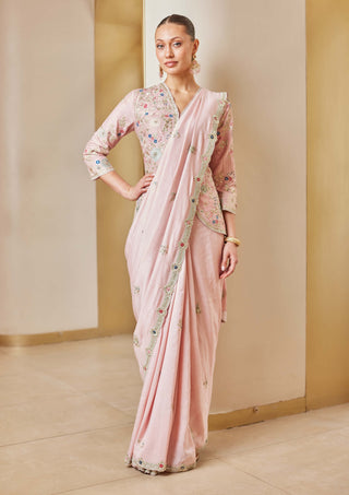Osaa By Adarsh-Soft Berry Embroidered Sari And Blouse-INDIASPOPUP.COM