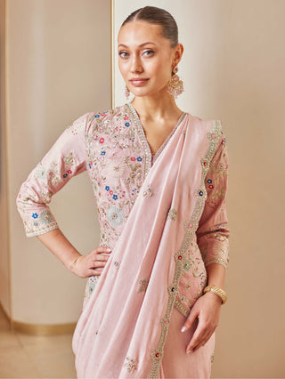 Osaa By Adarsh-Soft Berry Embroidered Sari And Blouse-INDIASPOPUP.COM
