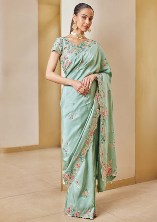 Osaa By Adarsh-Cadet Blue Embroidered Sari And Blouse-INDIASPOPUP.COM