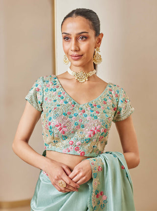 Osaa By Adarsh-Cadet Blue Embroidered Sari And Blouse-INDIASPOPUP.COM