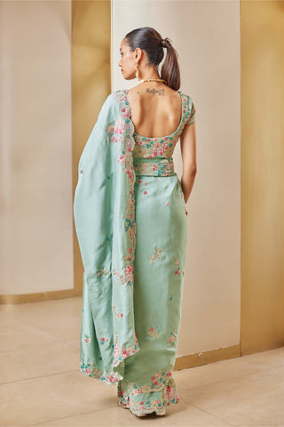 Osaa By Adarsh-Cadet Blue Embroidered Sari And Blouse-INDIASPOPUP.COM