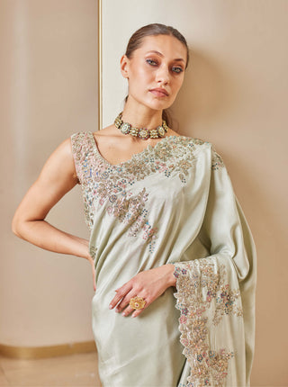 Osaa By Adarsh-Olive Embroidered Sari And Blouse-INDIASPOPUP.COM