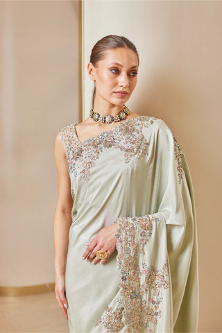 Osaa By Adarsh-Olive Embroidered Sari And Blouse-INDIASPOPUP.COM