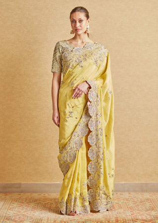 Osaa By Adarsh-Amber Yellow Embroidered Sari And Blouse-INDIASPOPUP.COM