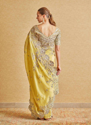 Osaa By Adarsh-Amber Yellow Embroidered Sari And Blouse-INDIASPOPUP.COM