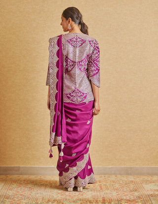 Osaa By Adarsh-Aubergine Embroidered Sari And Blouse-INDIASPOPUP.COM