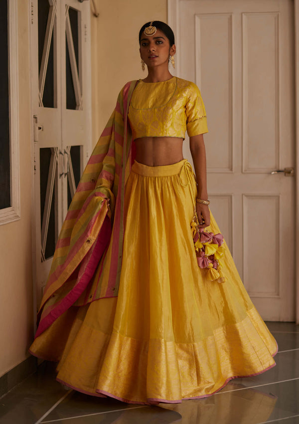 Glittering Gold Tissue Satin Lehenga – Tirumala Designers