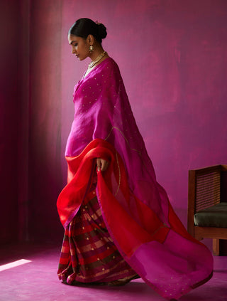 Ohfab-Pachranga Red Pink Sari And Blouse-INDIASPOPUP.COM