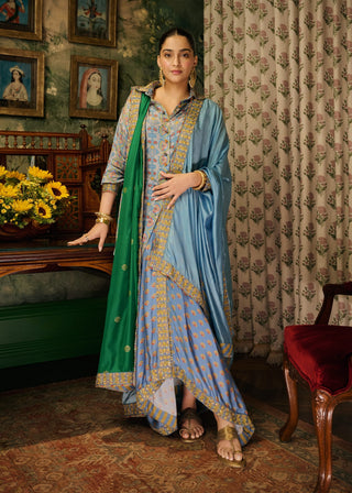 Misty blue tunic with lungi skirt set