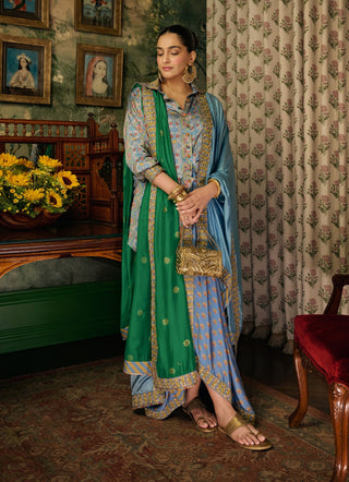 Misty blue tunic with lungi skirt set